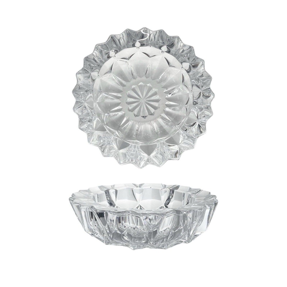 Mid-century 1960s Heavy Lead Crystal Catchall Bowl 8” Star Ridges Cubism
